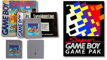 Cartucho, caixa e manual do jogo Super Mario Land para Game Boy com o logotipo "Game Boy Game Pak" i