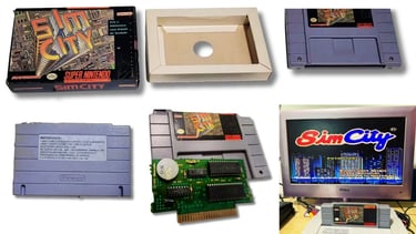 SimCity é um dos jogos lançados pela Playtronic, aqui tem a caixa, o cartucho, manual e a tela do jo