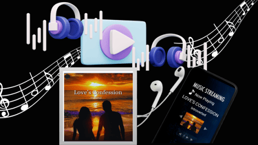 Love's Confession cover art with lovers at sunset, headphones & music stream.