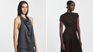 Model wearing wide-leg lyocell trousers in soft natural light