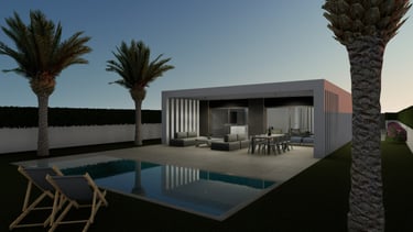 a house with a pool and palm trees