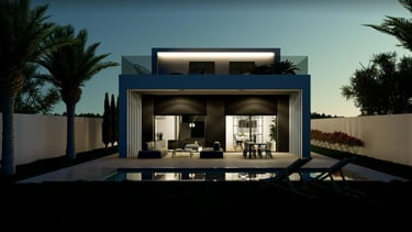 a house with a pool and a lounge area