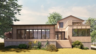 Modern eco-friendly timber house with large glass windows and an expansive wooden deck.