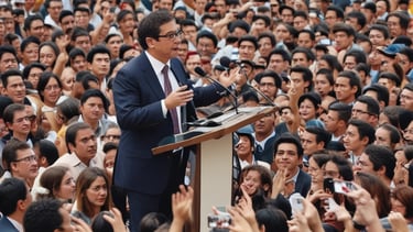 A man in a suit is speaking on stage with a large presentation slide behind him titled 'Keys to Social Media Success'. The slide lists several bullet points on successful social media strategies. The stage is lit with red and orange tones, and another part of the stage features striped panels emitting red light.