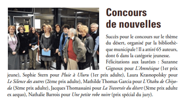 Article de journal, concours de nouvelles, prix, Sophie Stern, nouvelliste, Gif-sur-Yvette