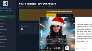 the Trualitywallet.me finance app's dashboard with Ella and chat session opened 