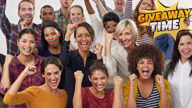 a group of people standing in front of a sign that says giveaway time