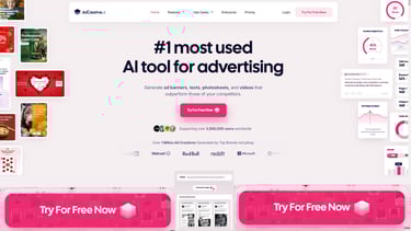 adcreative.ai website page with a bunch of different types of advertisement and try for free now