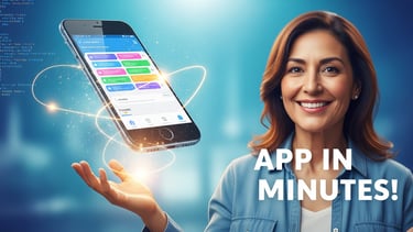 a woman holding a cell phone with a screen of different apps on it