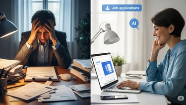 "Left: Stressed by manual job applications. Right: Happy with AI-assisted job search."