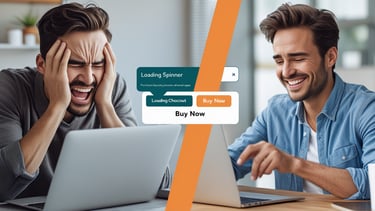 Two scenes showing one angry and frautrated and the other happy and smiling both buying stuff online