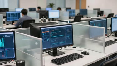 A wide shot of an enterprise operations center in a North American city, featuring deep navy blue monitors and clean white glass partitions, symbolizing cutting-edge tech.