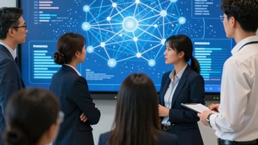Sophisticated office environment where people in professional North American business attire collaborate around a large screen showing network diagrams in vibrant blue.