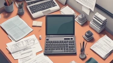Top-down view of a messy office desk with two laptops, paperwork, and stationery.