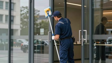 Photography of a professional cleaner in a navy blue uniform polishing the glass entrance of a modern corporate building in Rouen, France. Soft daylight, clean and minimalist aesthetic, reflecting expertise and efficiency.