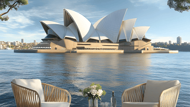 Serene waterfront view of the Sydney Opera House with chairs for visitors, emphasizing Australia's 