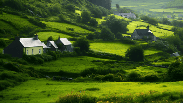 Idyllic Irish landscape with quaint houses and lush greenery, representing the vibrant culture 