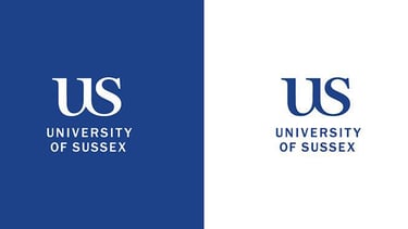 University of Sussex logo in blue and white background variations.