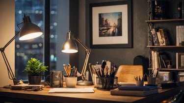 Cantinho de trabalho em sala de estar, com iluminação natural e plantas decorativas ao redor.