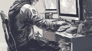 a man sitting at a desk with a computer monitor and a laptop