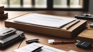 A tax form labeled Form 1120 sits on a wooden table. A black pen rests on the form, and a gray zippered pouch is partially visible beside it.