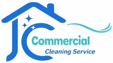 JC Commercial Cleaning Service logo with a blue house outline and sparkling stars for professional janitorial work.