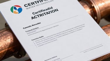 Close-up detail of a certified water safety certificate document placed on top of a heavy-duty copper backflow pipeline, with soft golden hour light, shallow depth of field, professional corporate look.