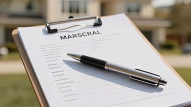A professional clipboard containing a clean backflow inspection sheet, a metal pen resting on top, with a beautiful residential house blurred in the warm sunny background.