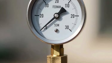 A close-up of a pressure gauge attached to a solid brass backflow assembly valve, displaying accurate testing metrics under bright morning sunlight.