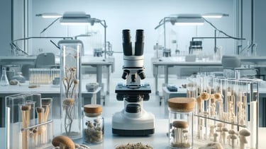 Microscope and lab equipment with jars of mushrooms in a sterile lab illustrating mushroom cultivati