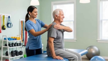 Fisioterapeuta ajustando postura de pessoa idosa durante exercício leve em clínica, iluminação branca, fotografia realista.