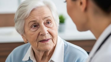 rosto de pessoa idosa conversando com profissional de saúde em consultório iluminado, expressão de atenção.