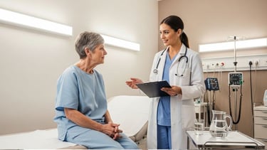 Pessoa de aproximadamente 65 anos sentada em maca médica enquanto profissional de saúde explica sobre hidratação