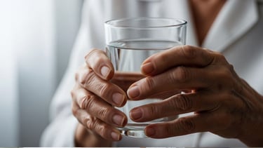 mãos de uma pessoa idosa segurando um copo de água em ambiente clínico, fundo neutro, iluminação branca suave,.