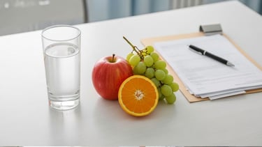 Vista superior de mesa com copo de água, frutas frescas e prontuário médico ao lado, iluminação branca, ambiente clínico.