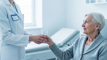 Profissional de saúde entregando copo de água a pessoa idosa em consultório,