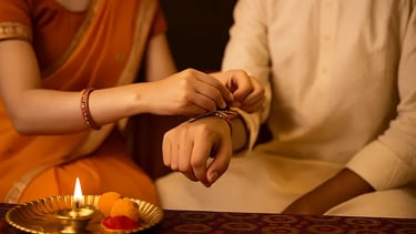 sister tying rakhi on a brother's wrist, with diya and thali