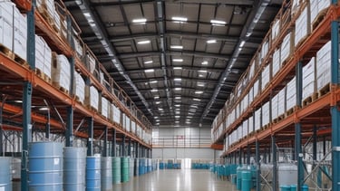 A variety of colorful pigment powders are displayed in plastic bags, stacked neatly in rows. Above them, various cans and bottles of paint, varnish, and other industrial products are organized. The setup appears to be from a market or shop selling art and construction materials.