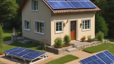 Rows of solar panels are arranged in a diagonal pattern across a green field. The panels are uniformly spaced and cover a large area, emphasizing renewable energy and sustainability.