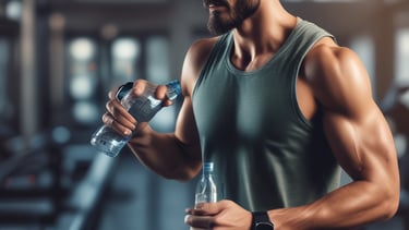 A man and a woman are exercising together, with the woman extending her arms in a workout space. There are blurred foreground elements creating a frame around them. They appear to be using resistance bands, and there is a water bottle on the floor.
