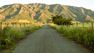 a road with a fenced in area with mountains in the background