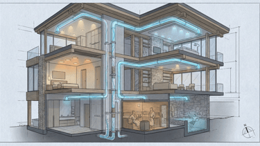 architectural cross-section visualization showing a residential building with visible wellness