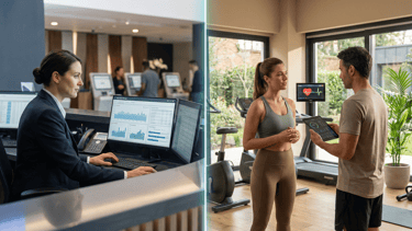 Hotel general manager reviewing revenue reports contrasted with wellness director consulting client