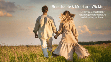 a man and woman holding hands and walking through a field