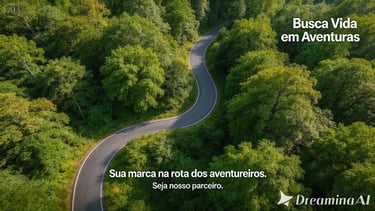 Aerial view of a winding road through a lush green forest with adventure travel text.