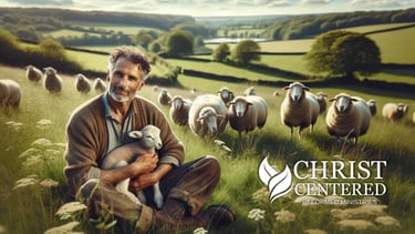 a man holding a lamb in a field