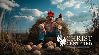 a man in a straw hat and chicken costume
