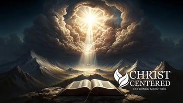 A majestic depiction of divine light breaking through dark clouds lighting upon a Bible