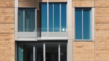 A modern architectural facade featuring a series of repeating, undulating metal panels that create a textured and dynamic surface. The surface reflects light and casts soft shadows, enhancing its three-dimensional appearance. In the background, a clear blue sky provides a stark contrast to the intricate patterns of the metal.