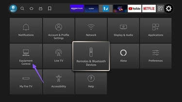 TV Settings Interface with Equipment Control Highlighted